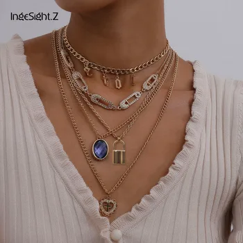 

IngeSight.Z 4Pcs/Set Multi Layered Vintage Padlock Virgin Mary Pendant Necklace Rhinestone Letter Choker Necklace Collar Jewelry