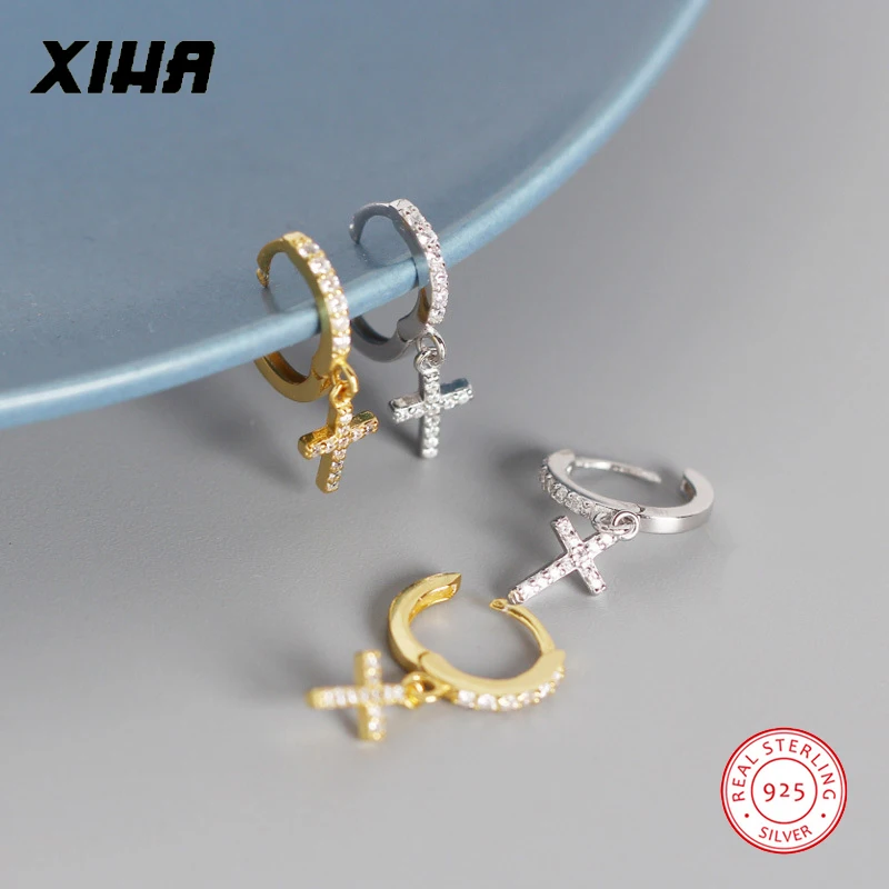 Роскошные серебряные серьги-кольца с геометрическим крестом на клипсах для женщин AAA кубический цирконий для невесты CZ маленькие серьги 925 пробы