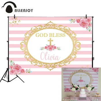 

Allenjoy First Communion Backdrop Stripe Flowers Cross Glitter Golden Star Birthday Wall Photobooth God Bless Party Banner Decor