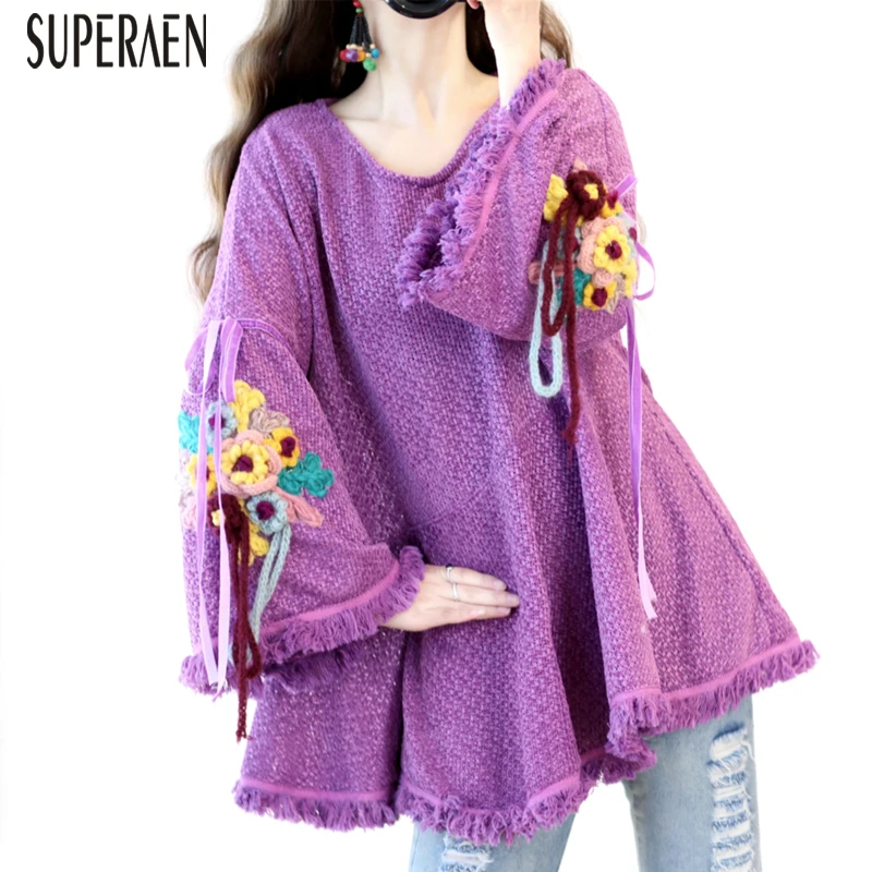 

SuperAen 2019 Autumn Pullovers Sweaters Women New Wild Casual Fashion Ladies Sweaters Round Neck Flare Sleeves Embroidered Tops