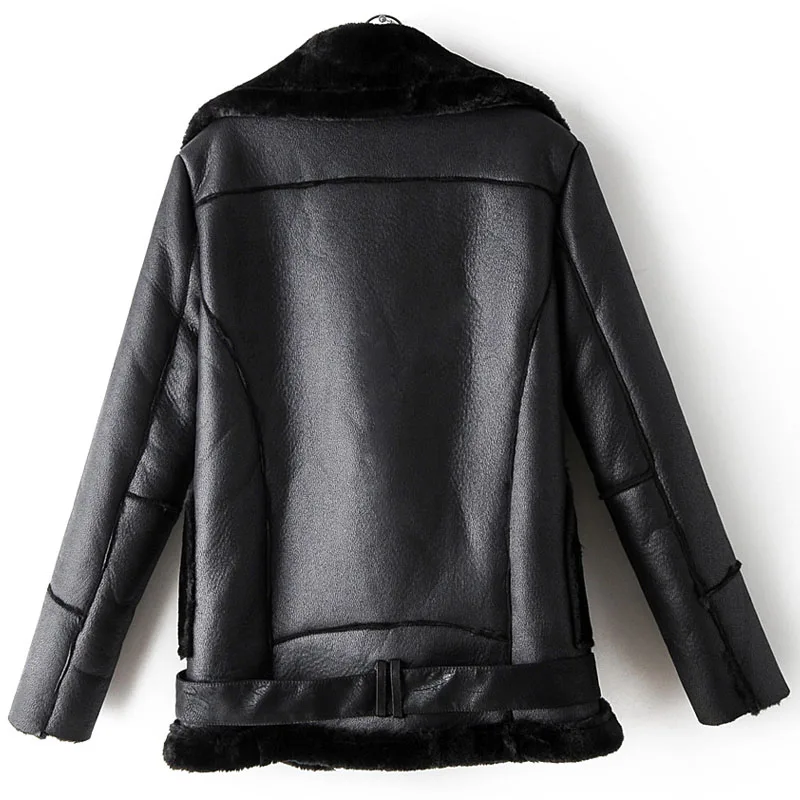 Very best 2019 Winter Lining with Velvet Zipper Korean Pilot Female Coat Black Warm Pu Faux Fur Lapel Long Sl