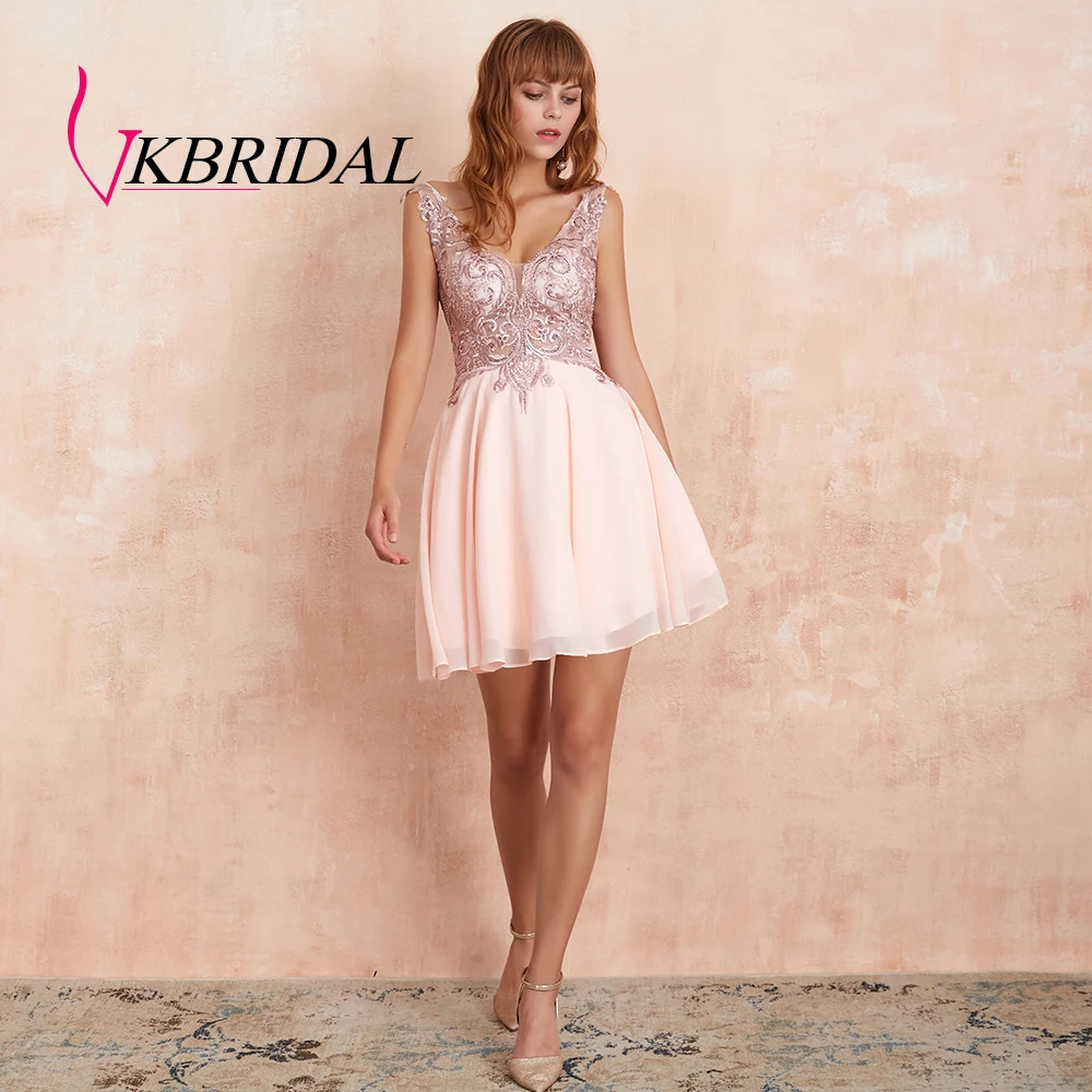 VKBRIDAL, сексуальные платья с открытой спиной для выпускного вечера, короткие,, v-образный вырез, шифон, кружево, бисер, жемчуг, розовые, вечерние платья для выпускного вечера