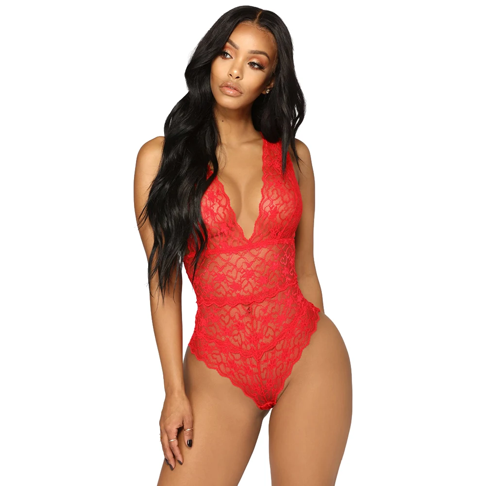 Ropa interior de encaje sin espalda con cuello en V profundo transparente sexy para mujer body sexy