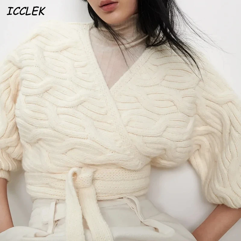 

Women's Knitted Jackets With Belt Coats Femme Sweaters Mujer Jumpers Solid Cropped Long Sleeves Crop Tops Female Knitwear Winter