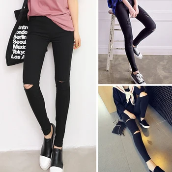 

Cotton High Elastic Imitate Jeans Women Knee Skinny Pencil Pants Slim Ripped Jeans For Women Black Ripped Jeans S-XL