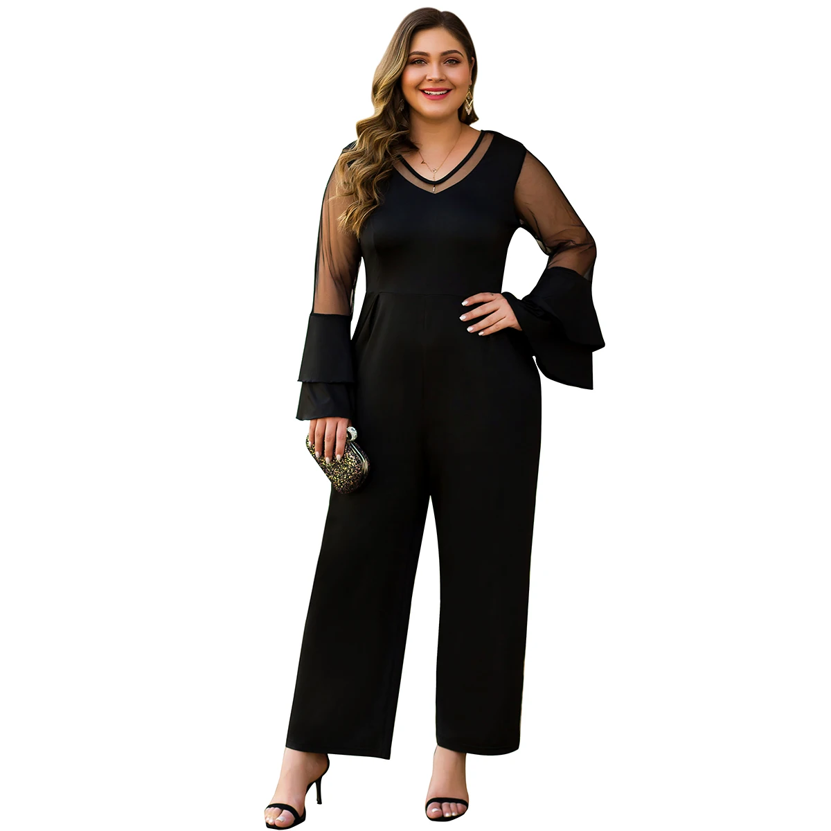 Autumn Large size Rompers Flare sleeve Sexy V Neck Womens Jumpsuit Ladies Party Regular Mesh Sleevee Club Wide Leg Pants - Цвет: Black