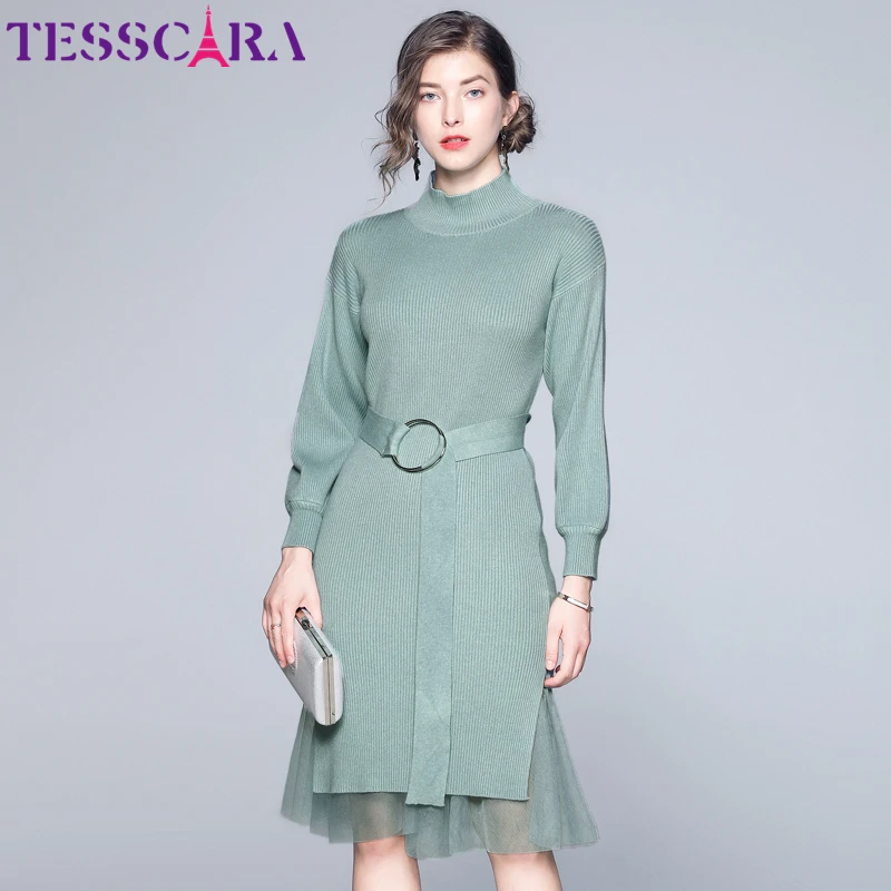

TESSCARA Women Autumn & Winter Sweater Dress Female High Quality Elegant Robe Femme Turtleneck Designer Office Pencil Vestidos