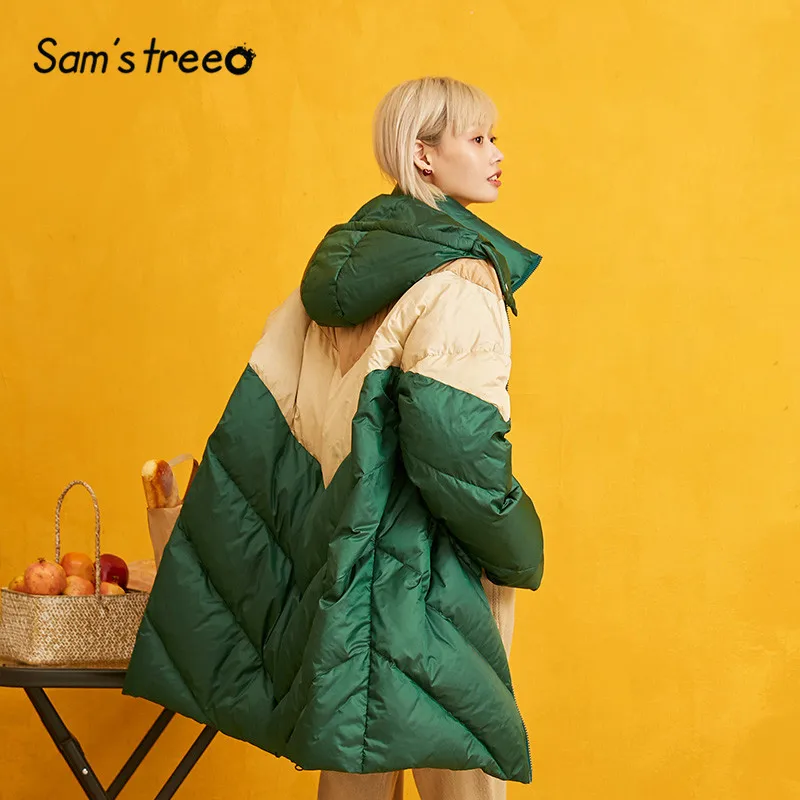 SAM'S TREE Green лоскутное теплое пуховое пальто с капюшоном для женщин Зима Новая модная повседневная Офисная Женская одежда оверсайз