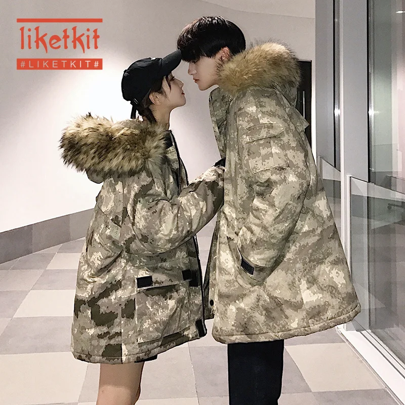 Liketkit мужские новые зимние парки MaleThick длинное камуфляжное пальто с капюшоном мужское шерстяное пальто большого размера с воротником для пар камуфляжная ветровка