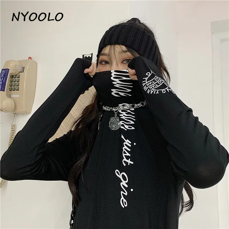 NYOOLO High street, тонкая черная футболка с буквенным принтом, топы, Повседневная Водолазка с длинным рукавом, пуловеры, хлопковая футболка, женская одежда