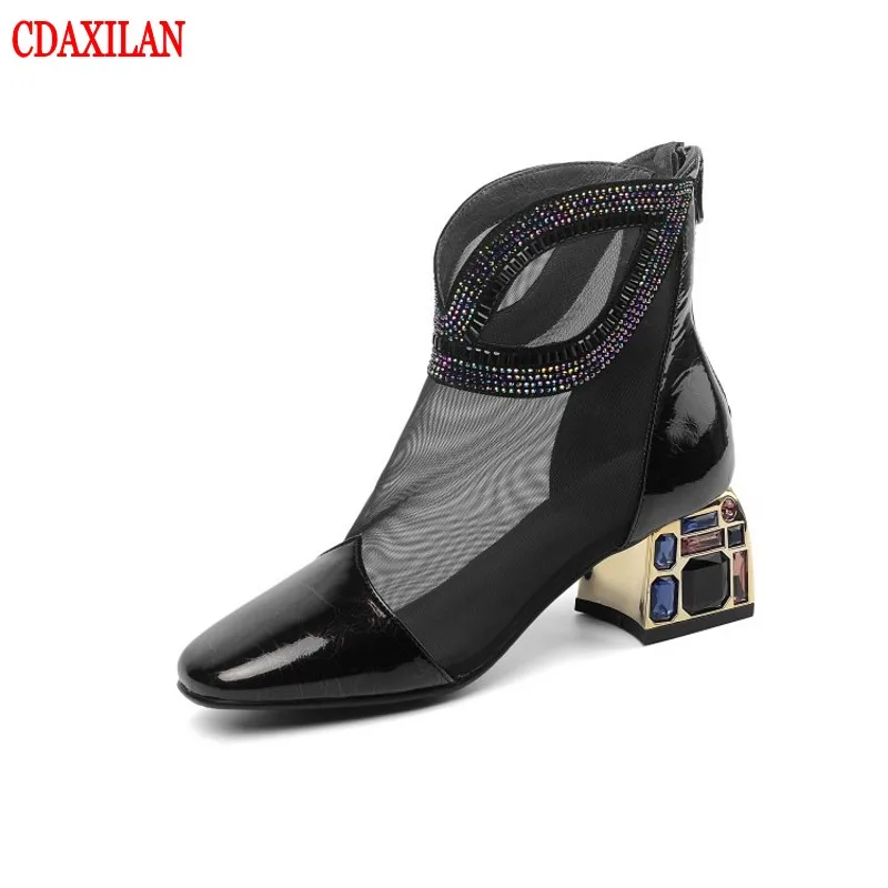 CDAXILAN new to women's ankle boots Patent leather whit breathable mesh Mid-heels back zipper Martin boots for spring summer
