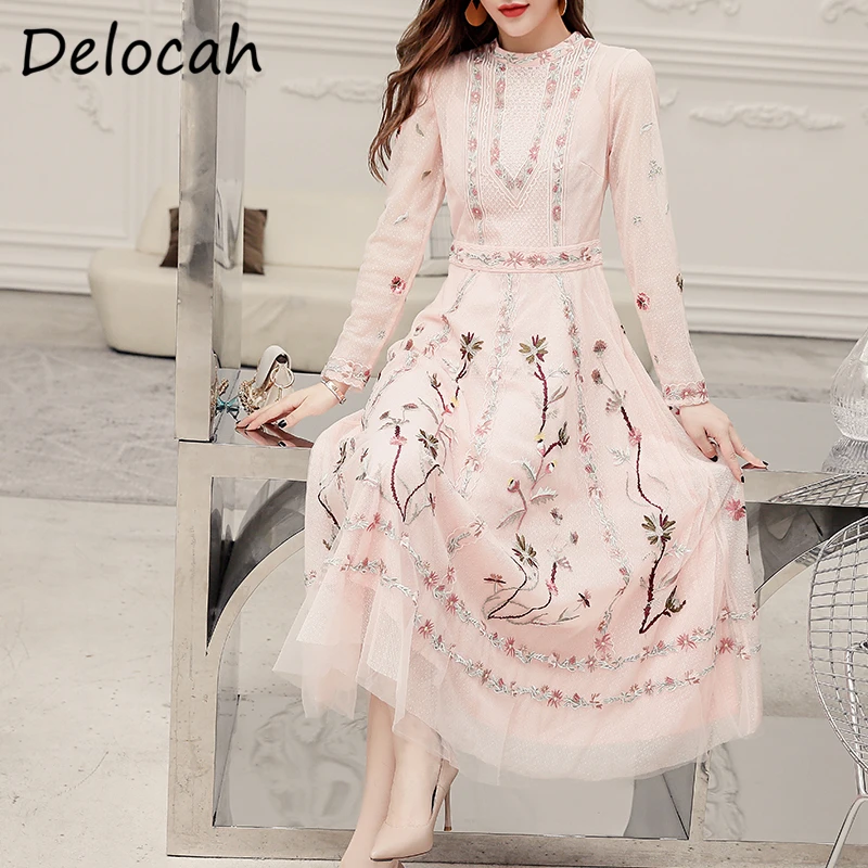 

Delocah Women Autumn Fashion DesignerÂ Party A-Line Dress Embroidery Long Sleeve High Waist Elegant Bodycon Ladies Midi Dresses