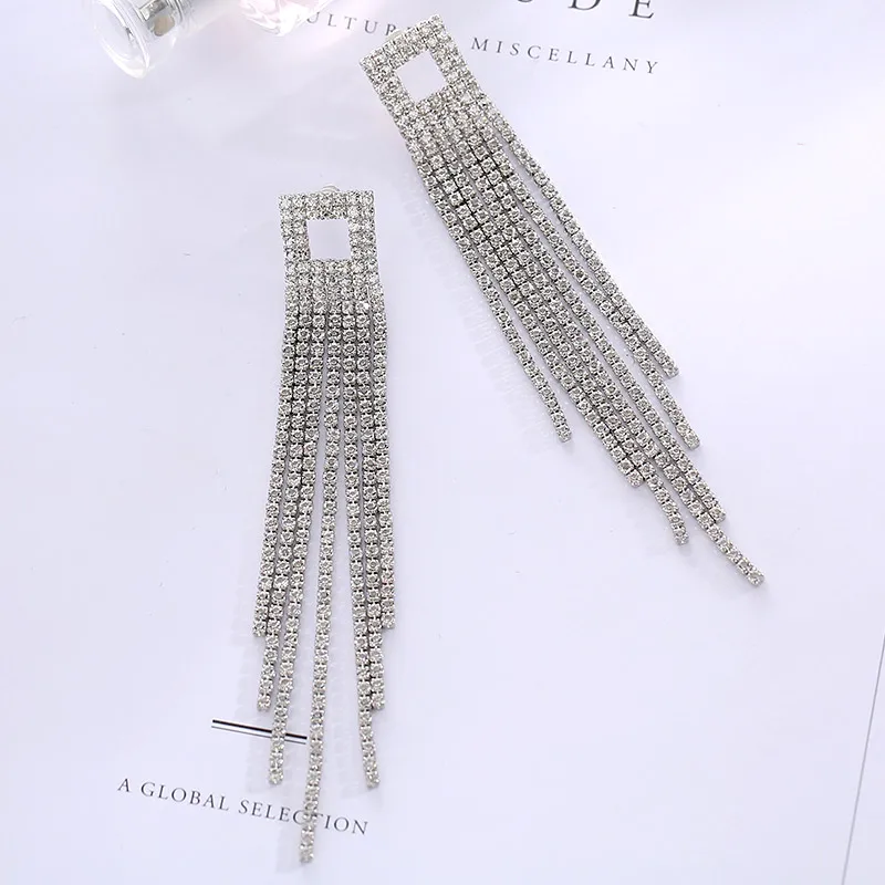 

New Silver Gold Rhinestone Crystal Long Tassel Earrings for Women Bridal Drop Dangling Earrings Wedding Jewelry Gift Brincos