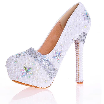 

Women Wedding Pearl Shoes Crystal Bridal Party White Pumps 14cm Super High Heel Round Toe Platform Shoes Sexy Lady Big Size