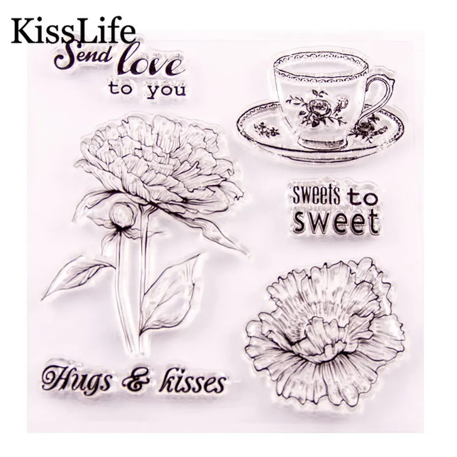 

2019 New Beautiful Flower Tea Cup Send Love To You Words Clear Rubber Stamps for Scrapbooking Card Making Valentine's Day Decors