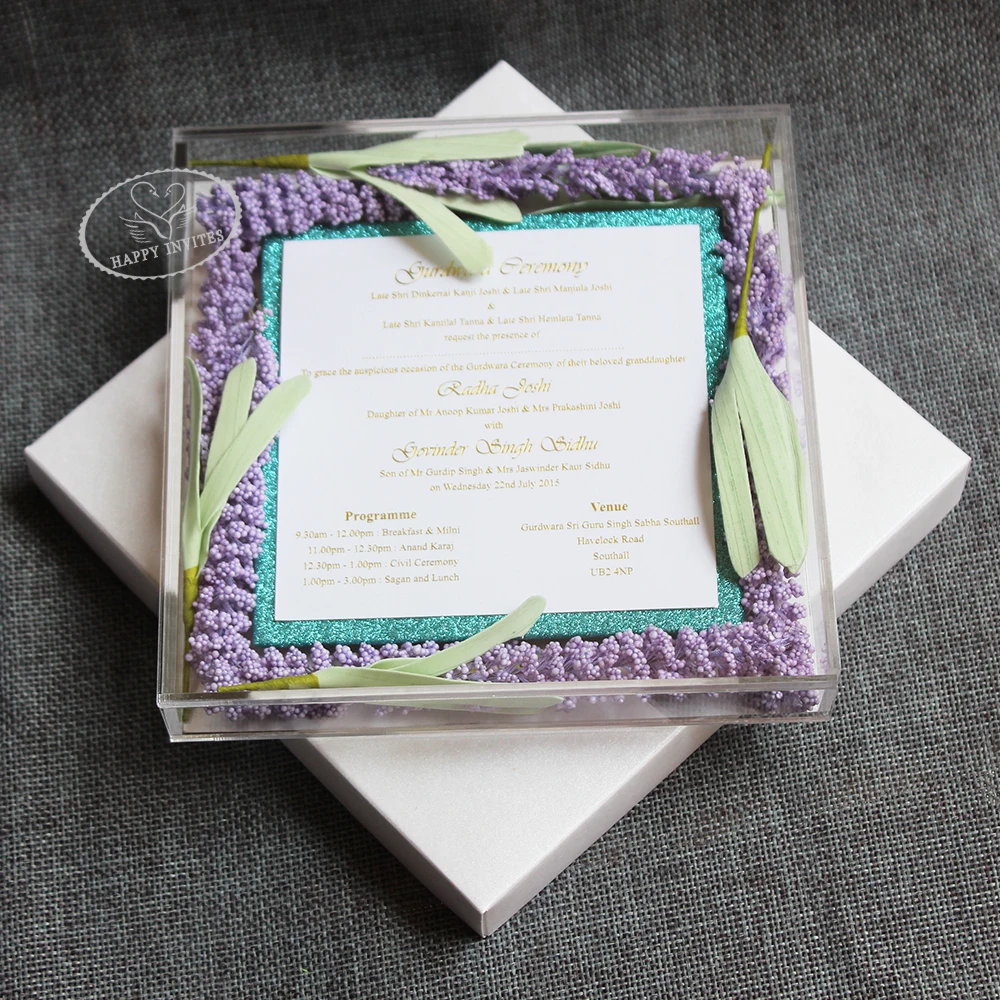 HI4083-01 Acrylic Box Wedding Invitation with Lavender Flowers Gold Foil Print For Lavender Theme Wedding