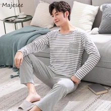 Пижамный комплект для мужчин с круглым вырезом и длинным рукавом, осенняя домашняя одежда для мужчин, s пижамы, повседневная Корейская стильная новая модная мужская одежда больших размеров