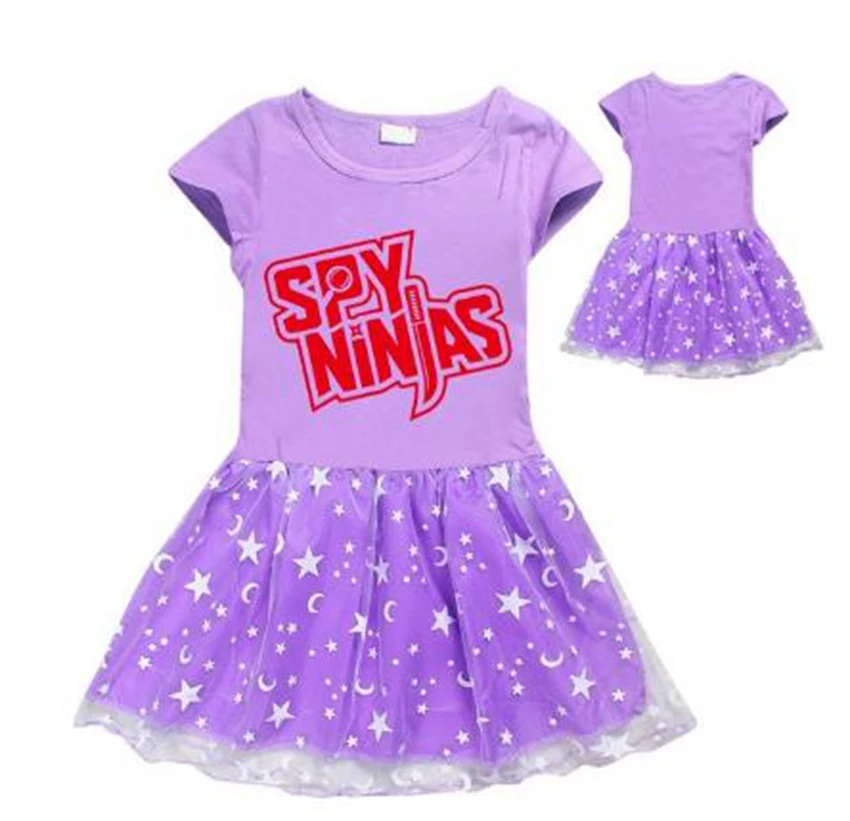 스파이 닌자 패션 원피스 어린이 만화 원피스, 여아 프린트 레이스 드레스, 여아 패티 코스튬, 여름 반팔 원피스 