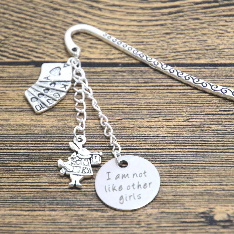 

12pcs/lot Alice in Wonderland Inspired bookmark I am not like other girls Silver tone crystals