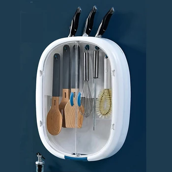 

Wall mounted traceless Double door transparent kitchen shelf multi-function kitchen tool rack