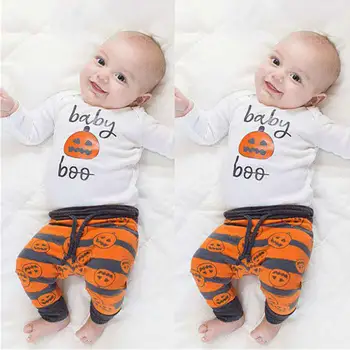 

2019 New Arrival Newborn Infant Baby Boy Girl Long Sleeve Halloween Pumpkin Romper Stripe Pants Hat Costume