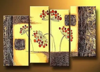 

100% Hand-painted Wood Abstract Flower Canvas Painting 4 Panel Group Oil Painting Wall Art for Living Room Bedroom Home Decorati