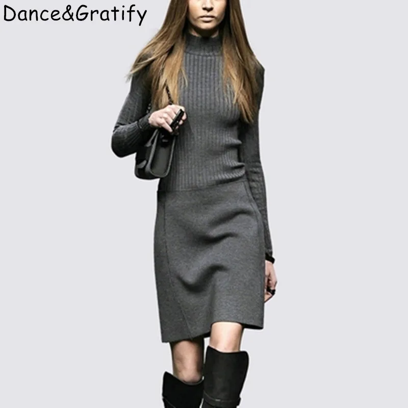 Высокое качество 2019 осень зима черный серый вязаный свитер платье женские