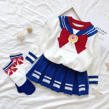 

Autumn 2020 Brand Children Sets Girl Long-Sleeved Knitted Sweater + Skirt 2Pcs College Style Kids Clothing