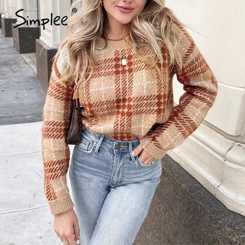 Женский вязаный свитер в клетку Simplee, Повседневный пуловер с геометрическим узором в винтажном стиле, Осень-зима 2020