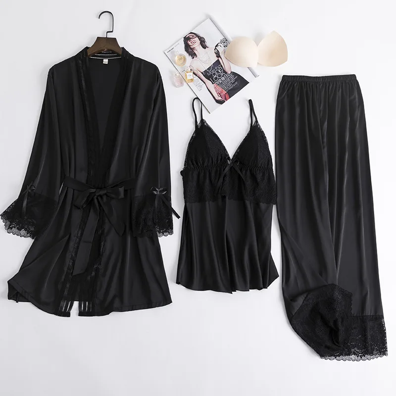 black set Fiklyc нижнее белье весенние женские 3 штуки атласные и кружевные лоскутные пижамы наборы с длинным рукавом глубокий v-образный вырез сексуальное ночное белье - Цвет: black set