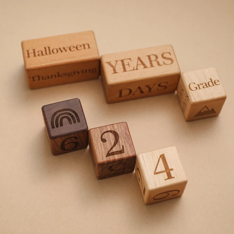 1Set Baby Milestone Block Holz Buche Block Gravierte Neugeborenen Geburt Monat Geburtstag Meilensteine Blöcke Fotografie Requisiten Geschenk – Detail 12
