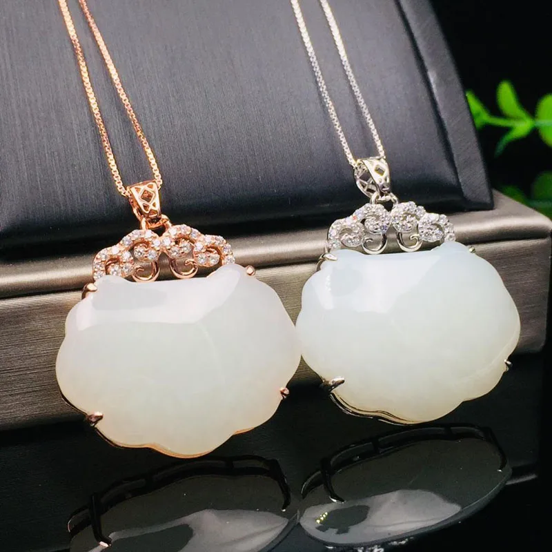 Ретро 925 Серебряный инкрустированный нефритовый кулон модный нефрит necklace замок ожерелье, предназначенное для женских ювелирных подарков
