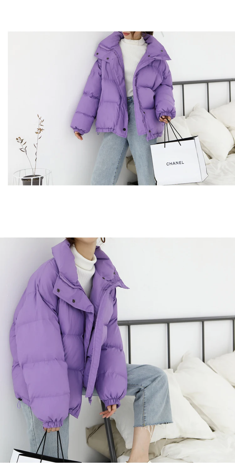 Женская одежда с хлопковой подкладкой, стиль, фиолетовое хлопковое пальто свободного кроя, пуховое пальто для студентов, женская зимняя короткая одежда в Корейском стиле