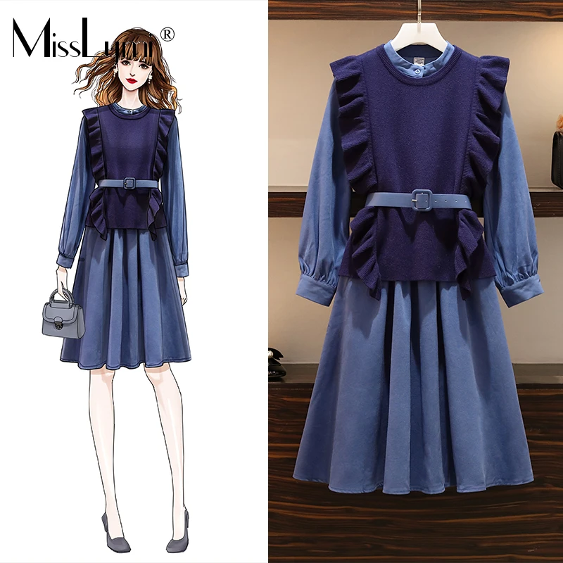 

XL-4XL Plus Size Women Two Piece Dress Autumn Winter 2019 Fashion Rullfe Knitted Vest and Elegant Long Sleeve Shirt Dresses belt