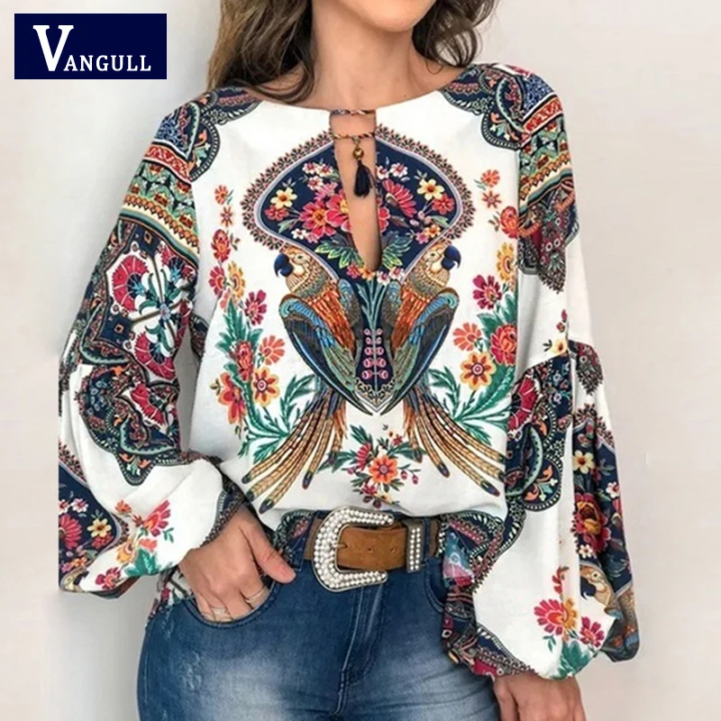 Vangull 5XL 2020 Весенняя блузка с цветочным принтом женские пикантные блузки