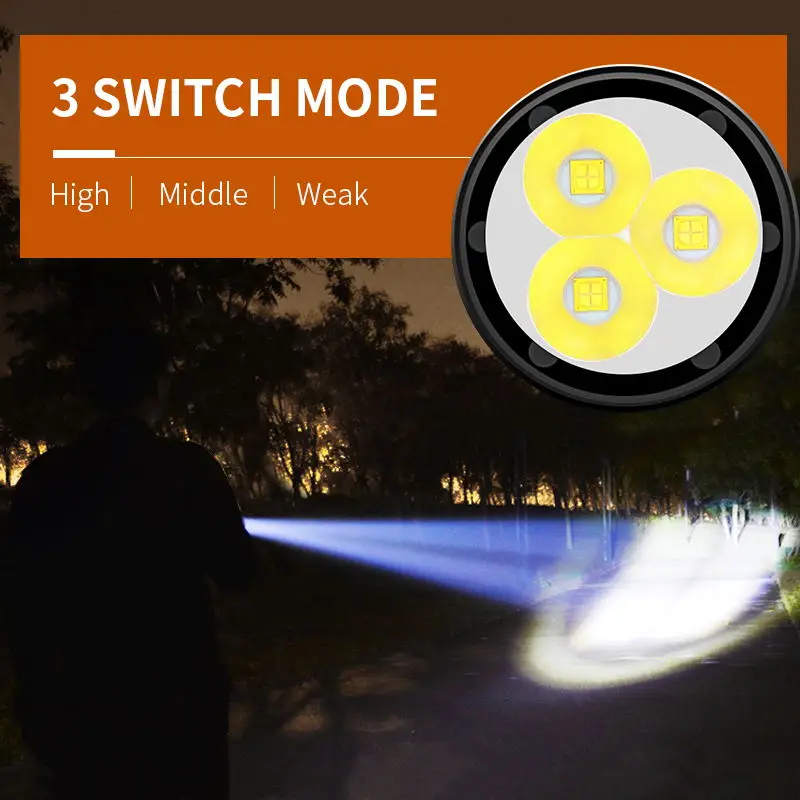  10400mAH Quad Core 3*XHP90 Ultra Powerful LED Flashlight XHP70 XHP50 18650 Built-in Battery USB 3 M