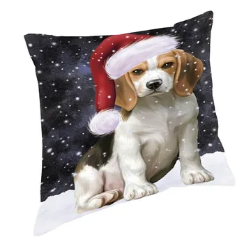 

Snow Beagle Dog Wearing Santa Hat Background Square Pillow Cute And Fashion Beautiful Decorations for Home Funny Body Pillow