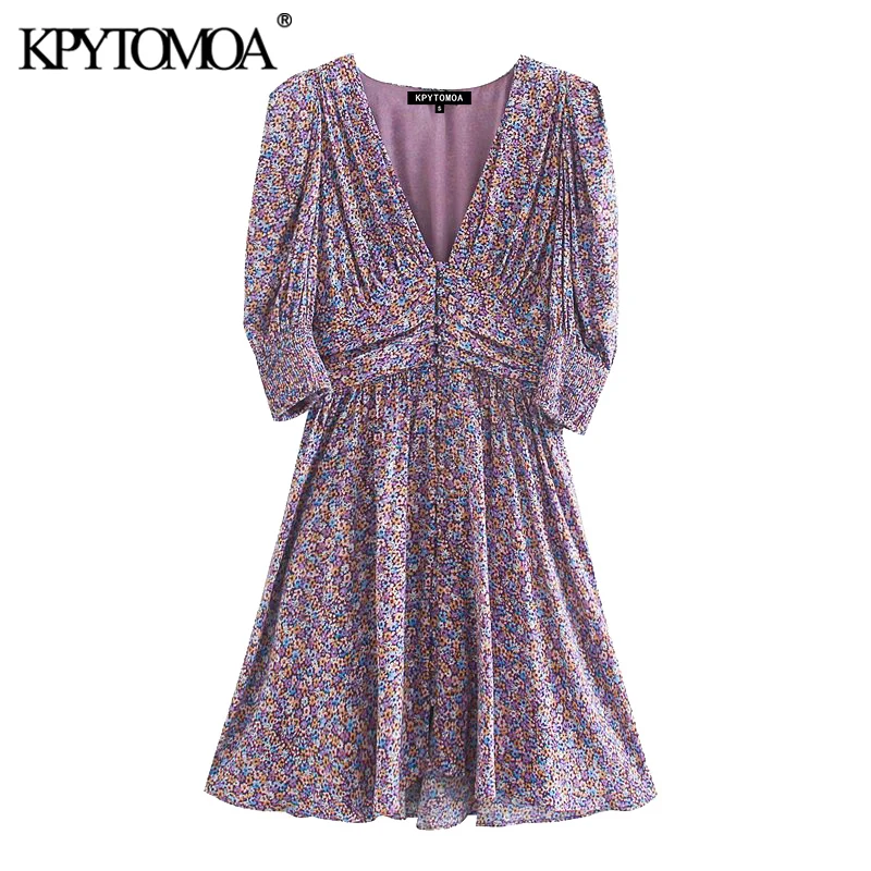 KPYTOMOA Women 2020 Chic Fashion With Shoulder Pads Printed Mini Dress Vintage Short Sleeve Back Elastic Female Dresses Mujer KPYTOMOA Women 2020 Chic Fashion With Shoulder Pads Printed Mini Dress Vintage Short Sleeve Back Elastic Female Dresses Mujer