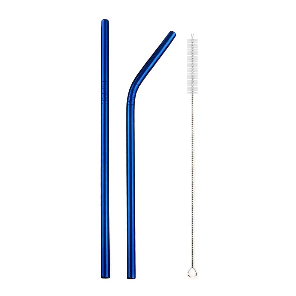 3pcs blue 5 шт., металлическая соломинка для питья, высокое качество, 304 нержавеющая сталь, соломинка, цветная многоразовая соломинка для смузи, сока, с чистящей щеткой - Цвет: 3pcs blue