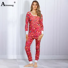 Aimsnug Christmas Print Women Pajamas Fitted Shirt Top And Long Pants Set Autumn Long Sleeve Sleepwear Holiday Two Piece Outfits