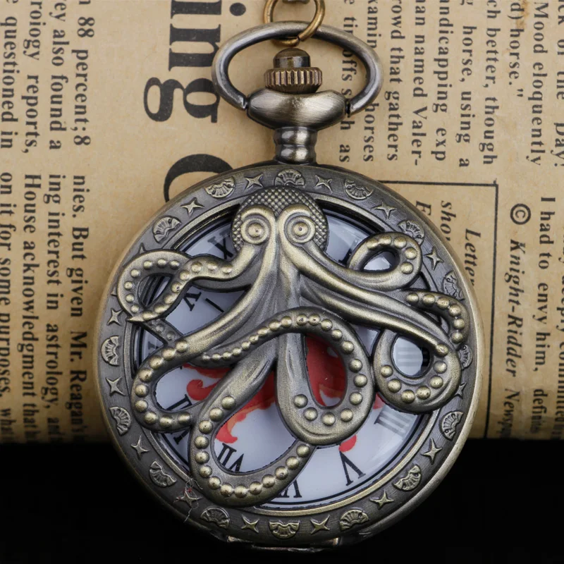 

New Antique Bronze Octopus Hollow Cover Quartz Pocket Watch Necklace Exquisite Pendant Handmade Clock Souvenir Men Women Gifts
