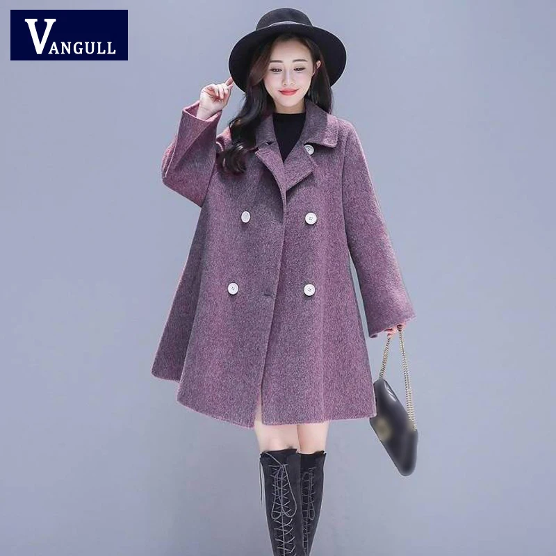 Lavender Vangull Женское шерстяное пальто, однотонное двубортное шерстяное пальто средней длины, Женская куртка, осенне-зимняя элегантная свободная теплая верхняя одежда - Цвет: Lavender