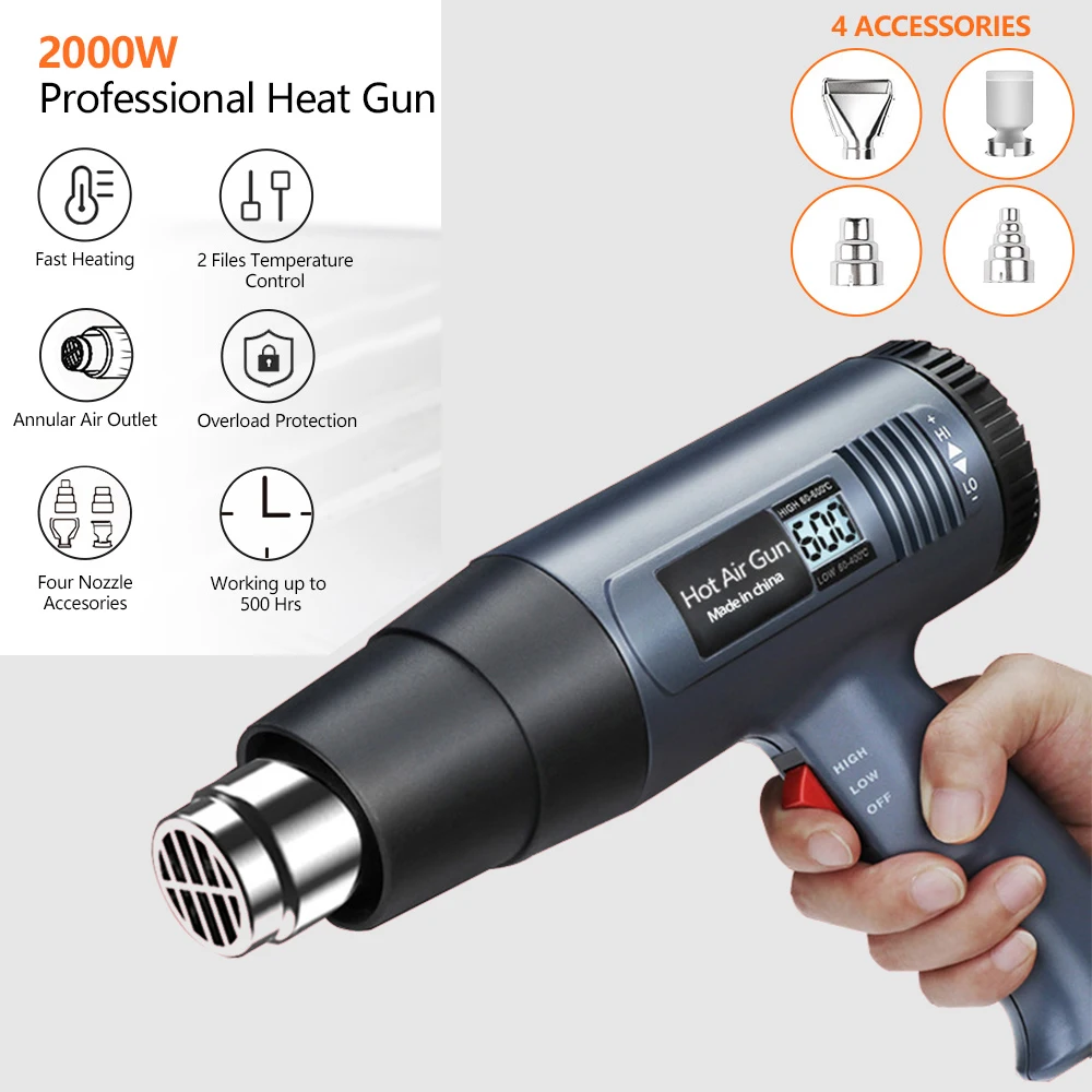Pistola de aire caliente profesional de 2000W, Kit de pistola de aire caliente de alta resistencia, Control de temperatura Variable para pelado de pintura artesanal, encogimiento de PVC para el hogar