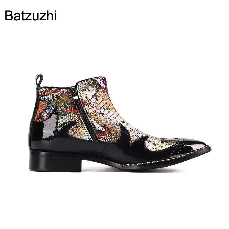 Batzuzhi 100% Brand New Men's Boots Pointed Toe Black Print Genuine Leather Ankle Boots Men Zip Runway, Party Botas Hombre,38-46