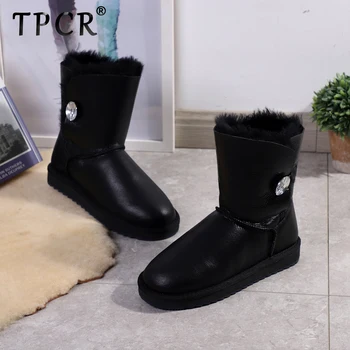 

TPCR 2020 fashion Mid-calf Waterproof Women Winter Boots With Button Sheepskin Leather Shearling Wool Fur Lined Snow Boots Warm