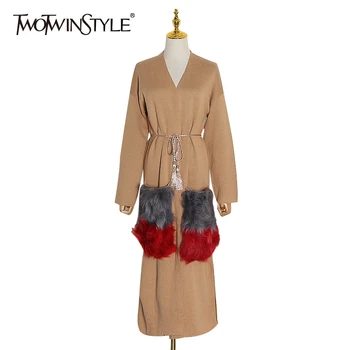 

TWOTWINSTYLE Knitting Patchwork Pockets Fur Windbreaker Women Long Sleeve Loose Hit Color Cardigan Female 2020 Fashion Clothing