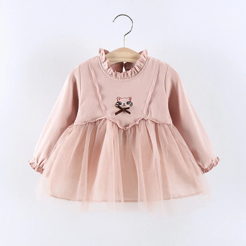 Pink Новинка; платье для девочек; детское платье принцессы; коллекция года; сезон весна; детское Сетчатое платье с длинными рукавами и рисунком кота; милые платья; Vestidos; WT1027 - Цвет: Pink