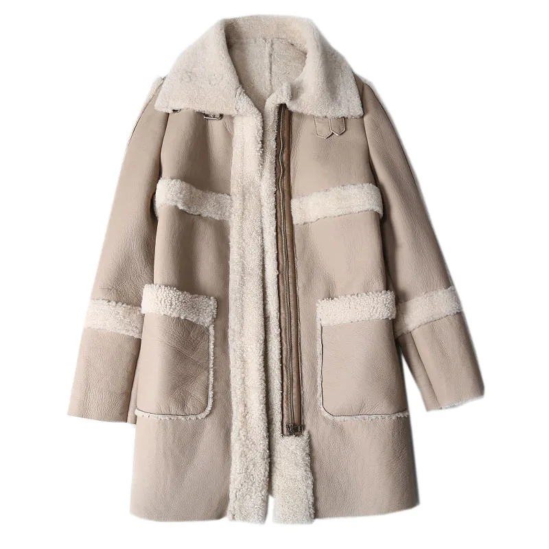 

2019 Coat Female Winter Loose Thick Warm Lamb Fur Coat Solid Color Lapel Zipper Double Pocket Casual Long Sleeve Long Wool Parka