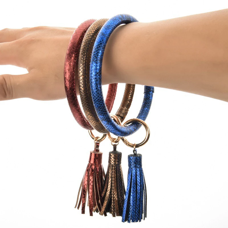 

PU Leather Leopard Tassel Big O Circle Key Chain Women Wristlet Keychain Girl Bag Car Key Ring Holder Wrist Strap Wholesale