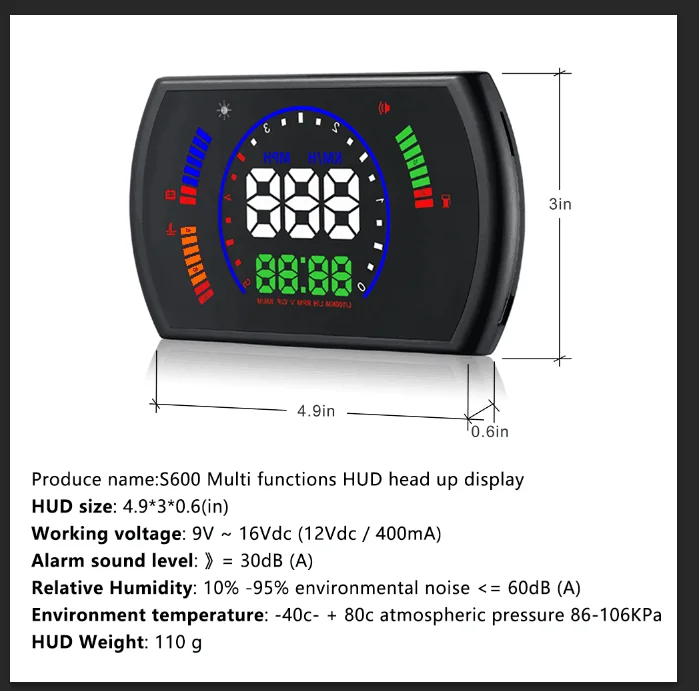 S600 5,8 дюймов OBD2 HUD, несколько дисплеев, спидометр, датчик температуры воды, время вождения с будильником, отражение HUD режим